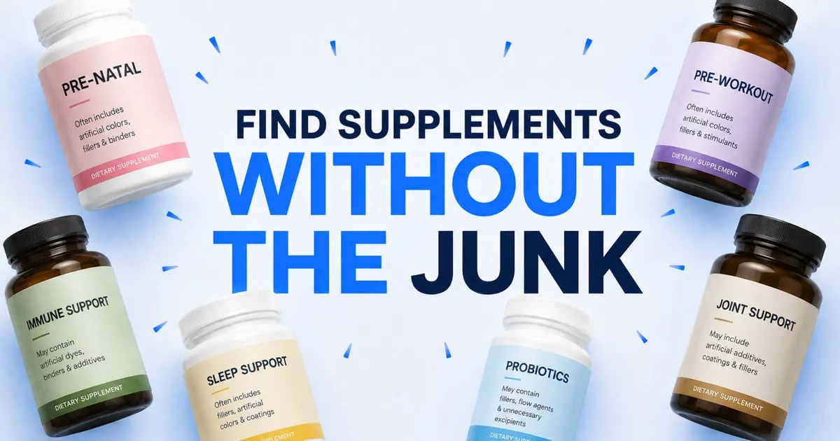Supplement bottles surrounding the headline: Find supplements without the junk
